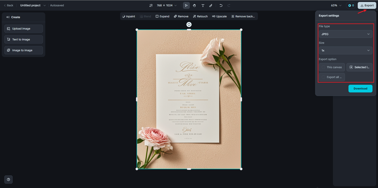 exporting invitation card from Dreamina