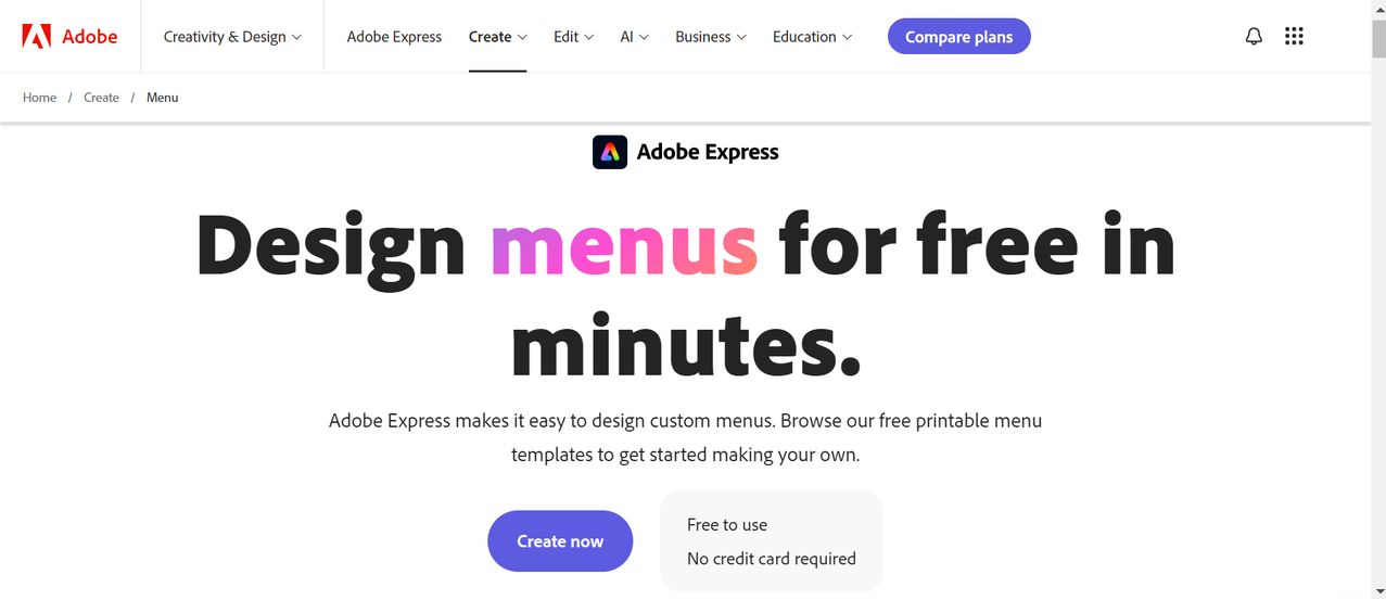 Adobe Express fast food menu design templates page