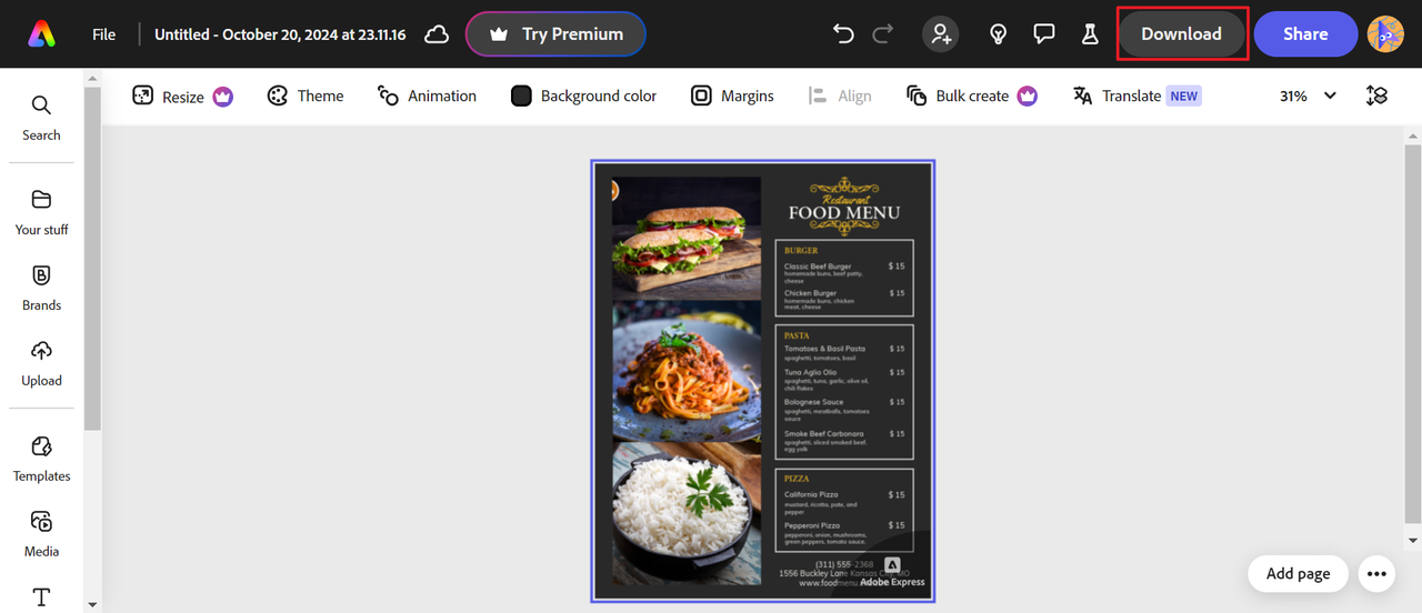 Download your menu design