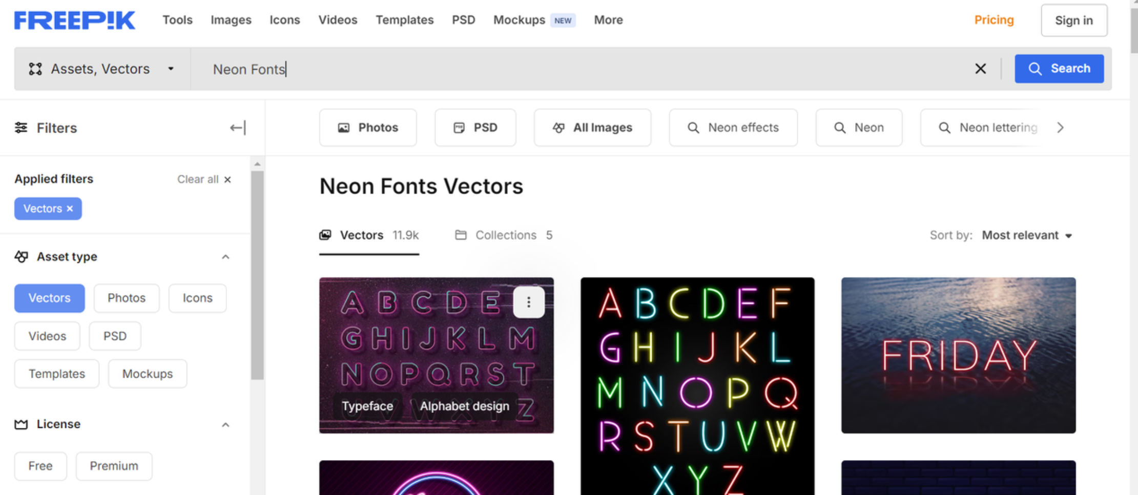 Interface of Freepik - a standard website to download neon fonts for free