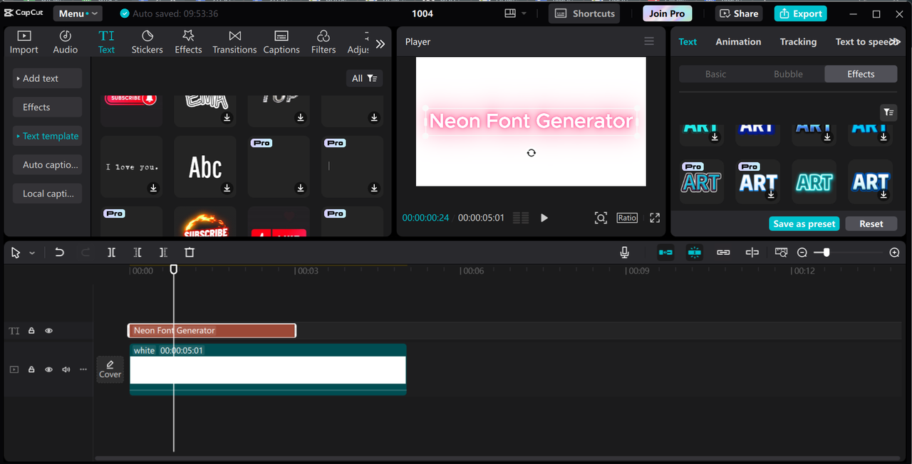 Editing interface of the CapCut desktop video editor - the best free neon font generator