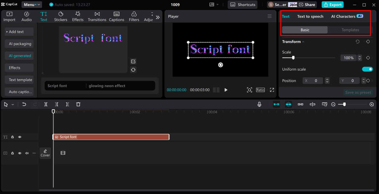 Customizing and adding neon font in the CapCut desktop video editor 