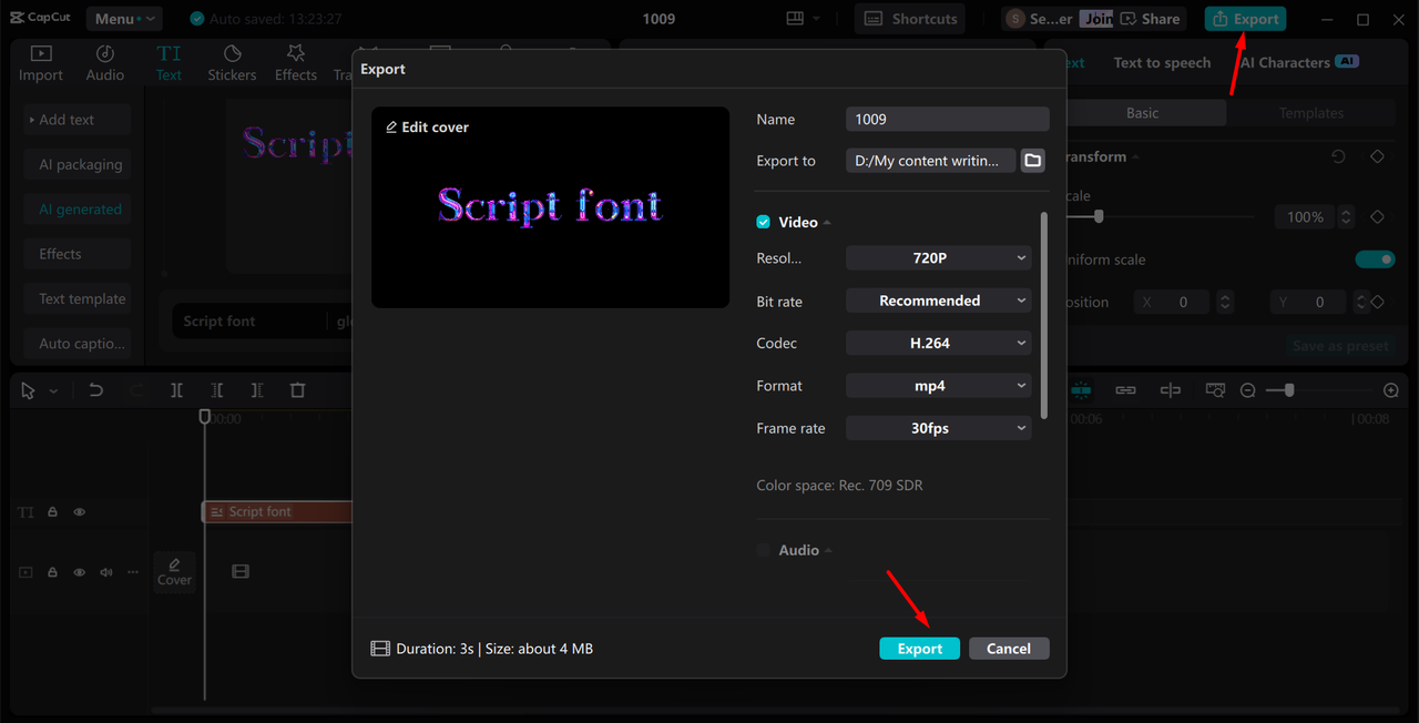 Exporting a video with neon effect from the CapCut desktop video editor