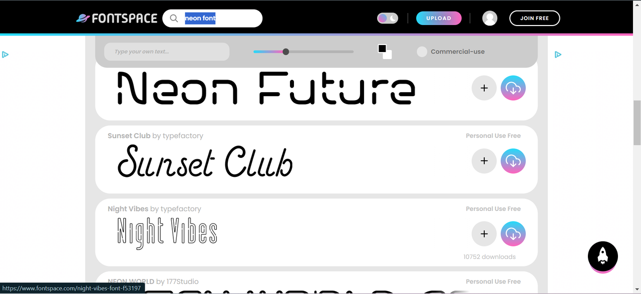Interface of Fontspace -  the best website to download neon script font for free