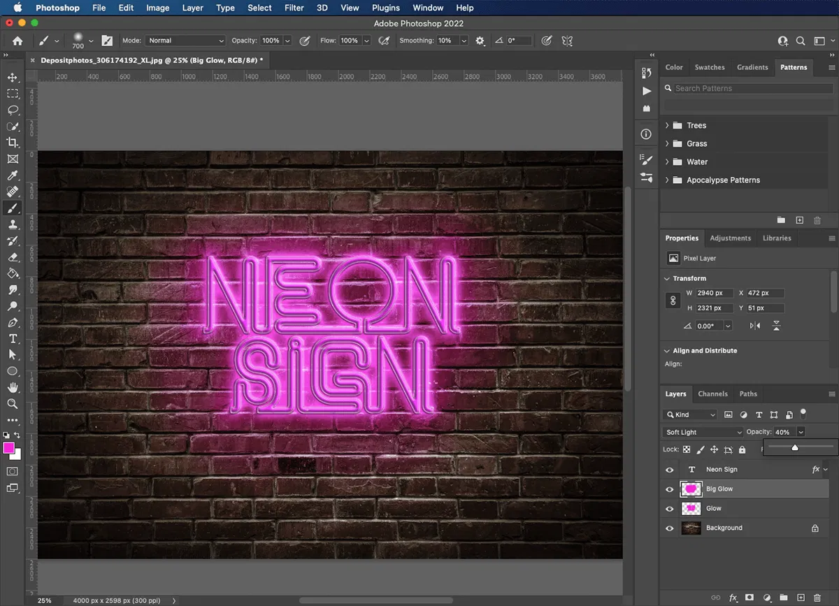 Interface of Photoshop - a professional tool to create neon fonts