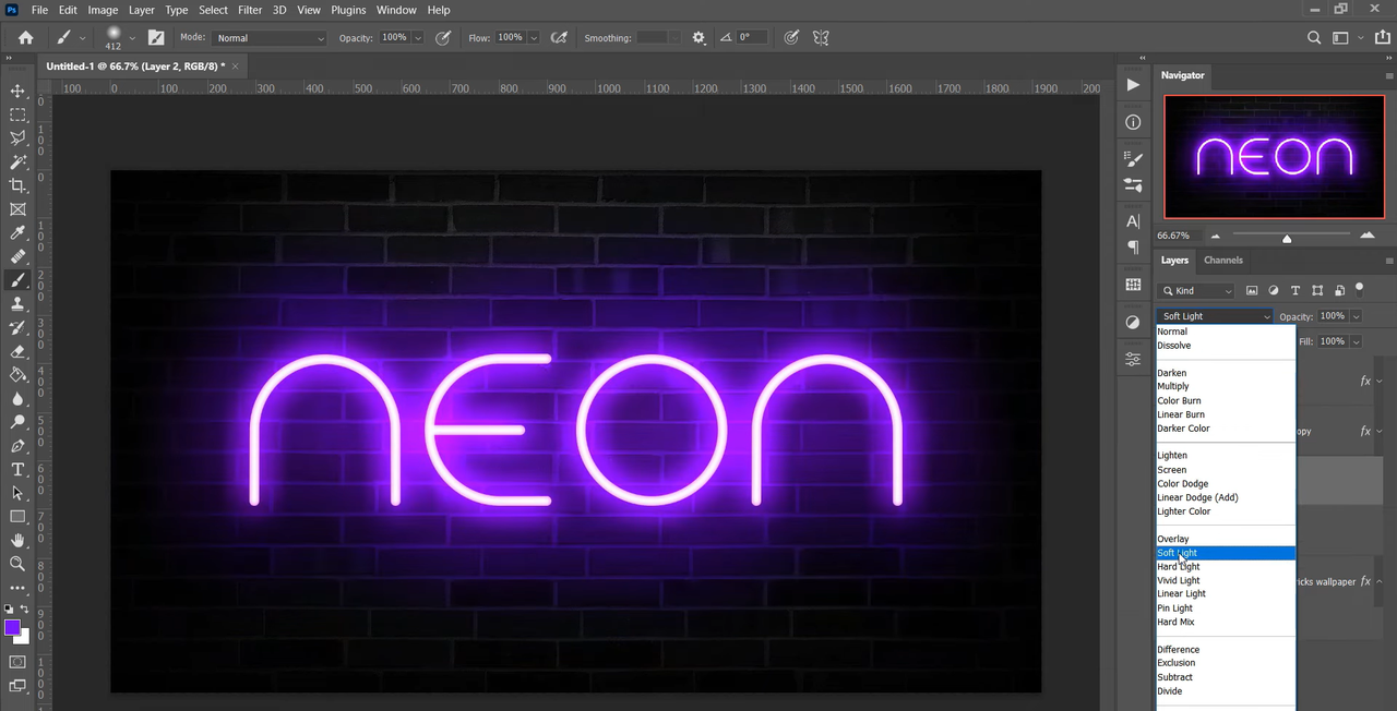 Making the final adjustment to create an eye-catchy neon sign font in Photoshop