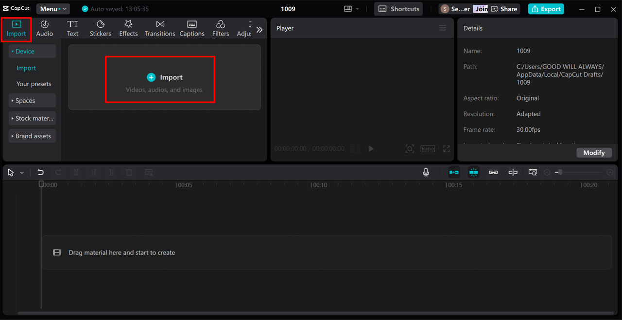 Importing video in the CapCut desktop video editor 