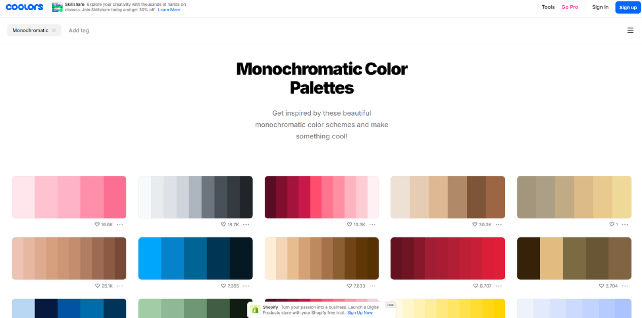 Interface of Coolors - the best online monotone color palette generator