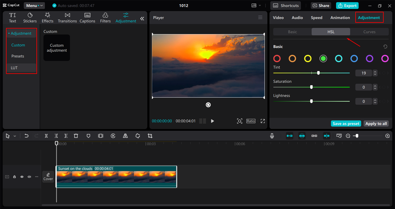 Adjusting the video color in the CapCut desktop video editor