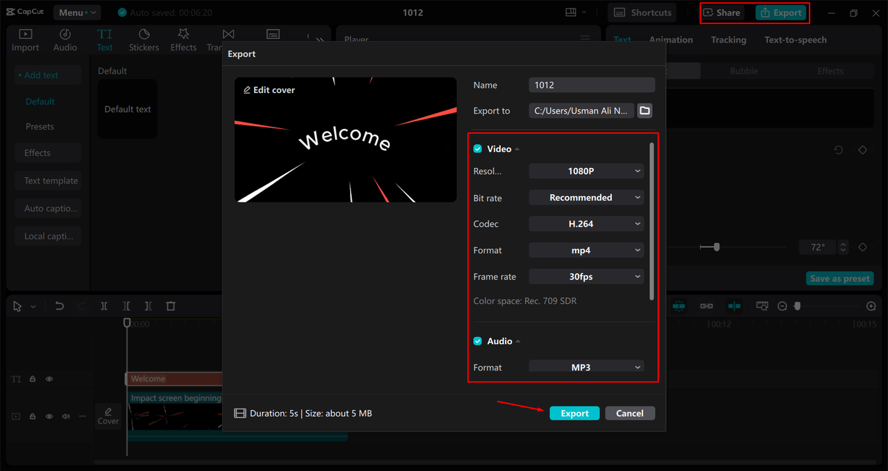 Exporting a video from the CapCut desktop video editor