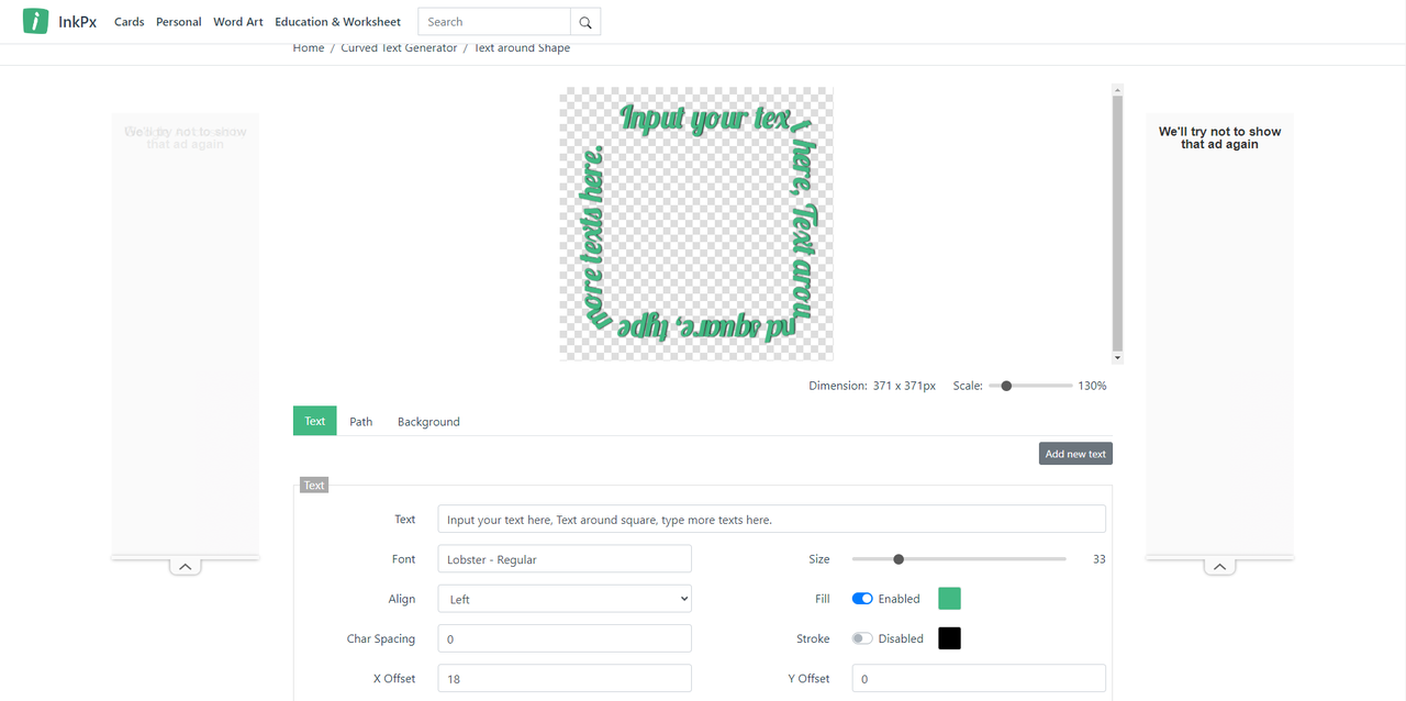 Interface of InkPx - an online tool to create round text