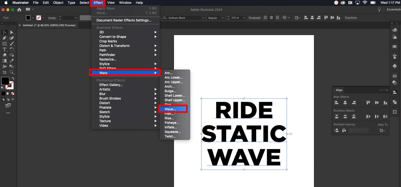 Applying the wave effect to curve text in InDesign