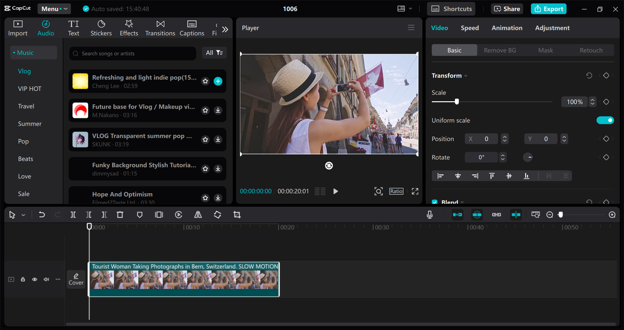 Interface of the CapCut desktop video editor - an easy way to curve the text in video projects