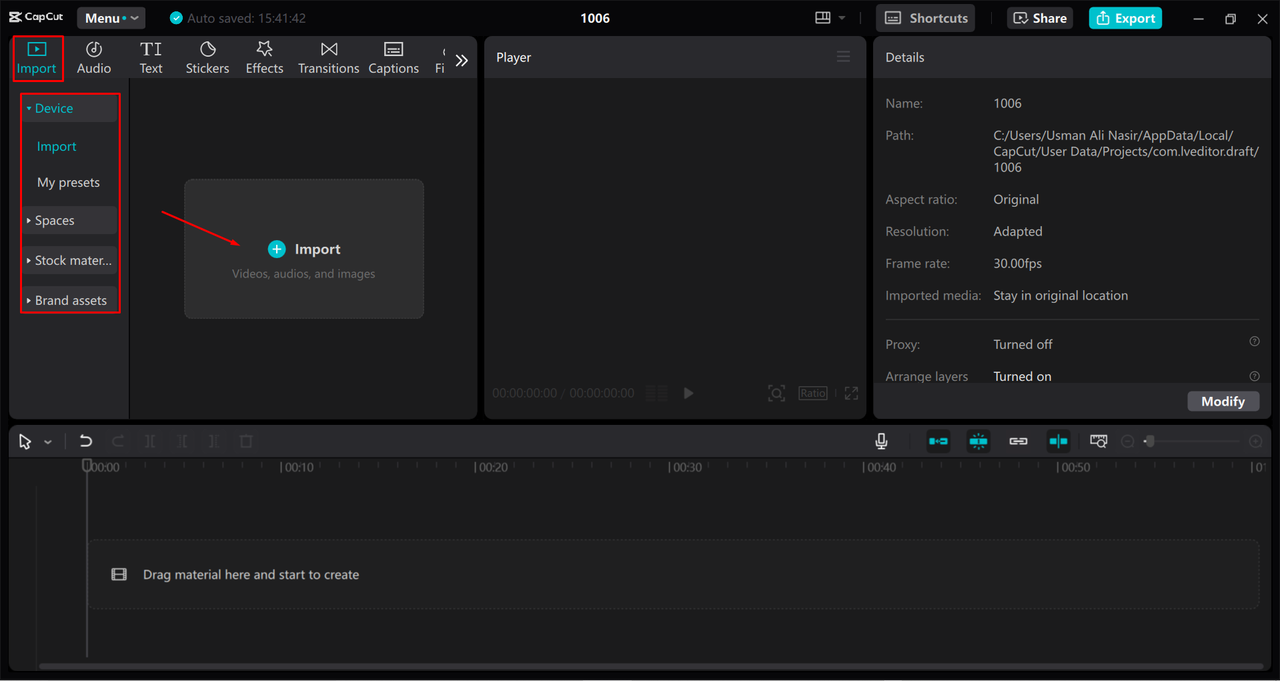 Importing the video into the CapCut desktop video editor