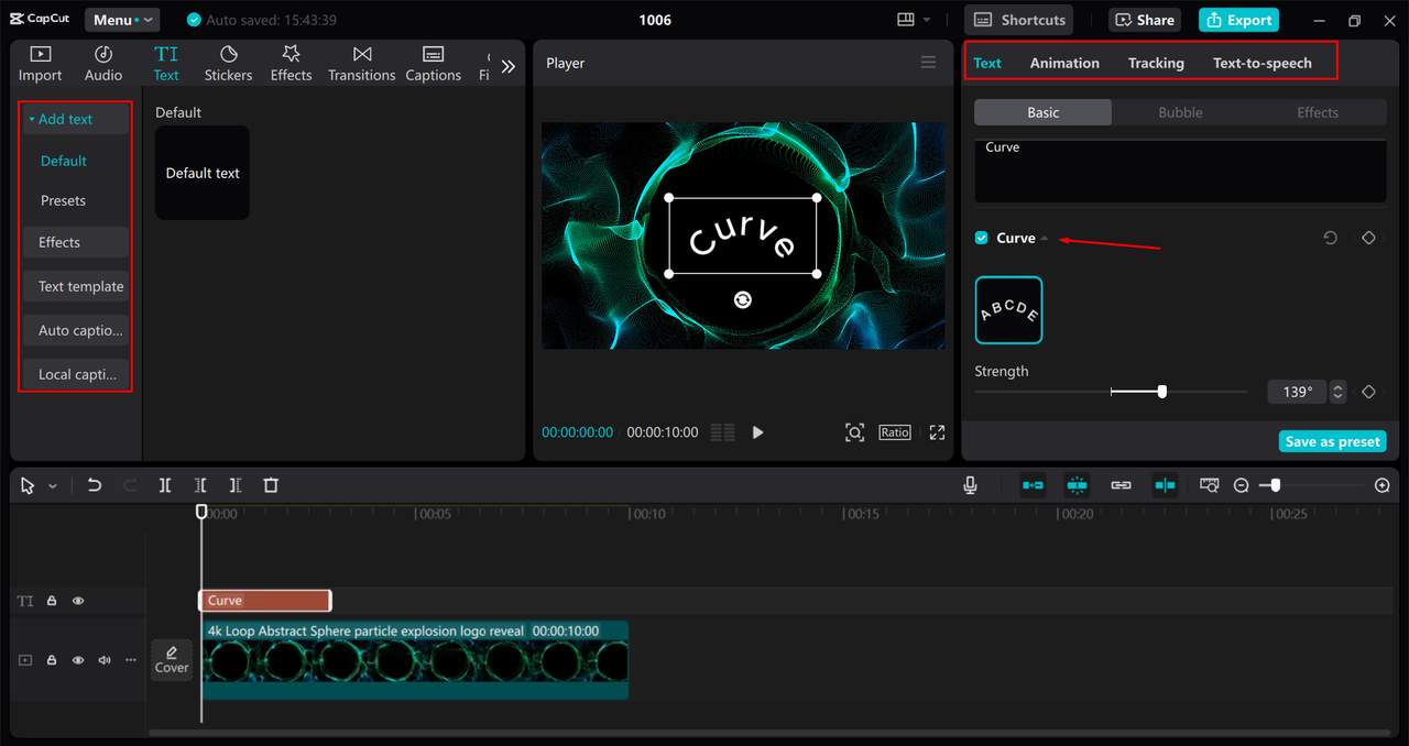 Applying the curve effect to the text in CapCut desktop video editor