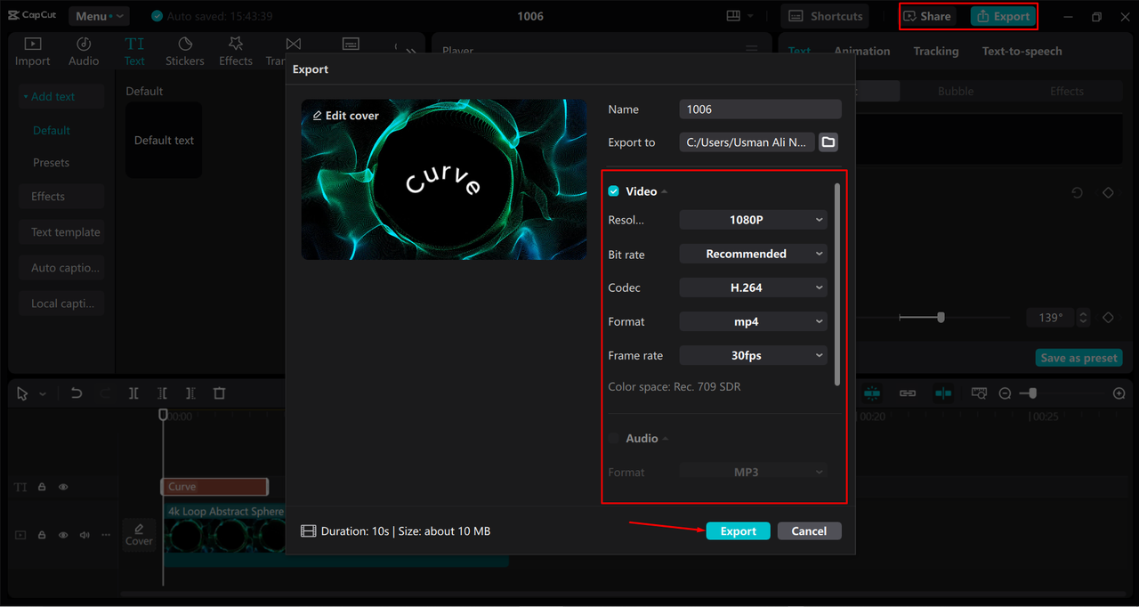 Exporting the video from the CapCut desktop video editor