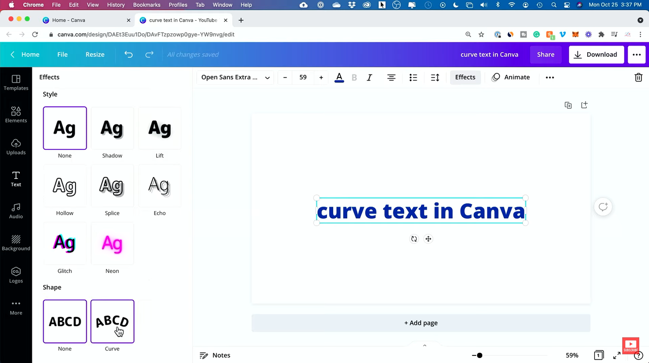 Showing how to curve text in Canva 