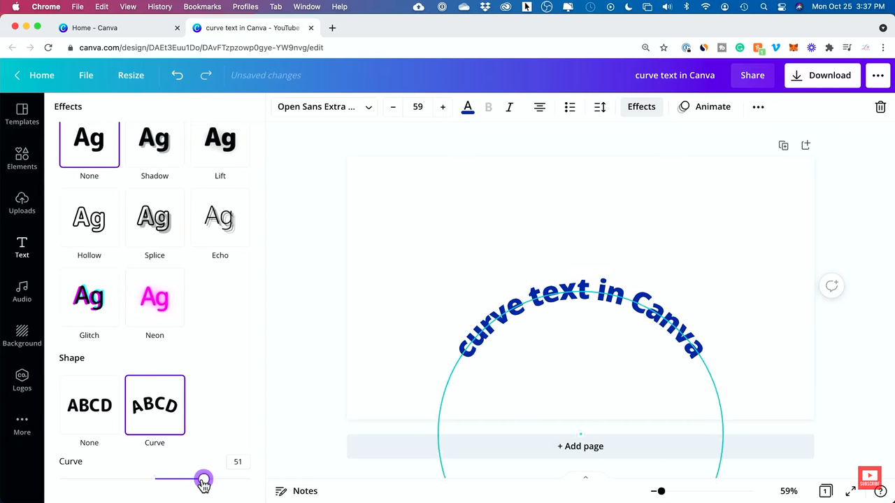 Adjusting the text curve in Canva