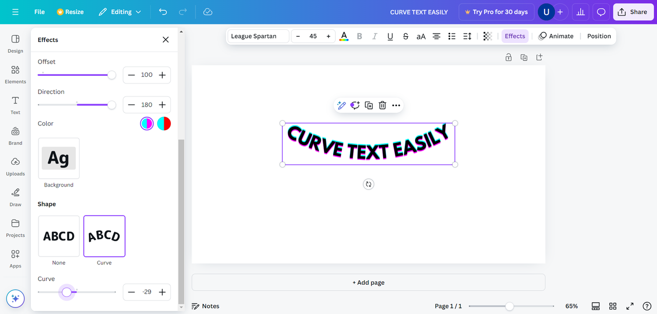 Adjusting the angle of curve text in Canva