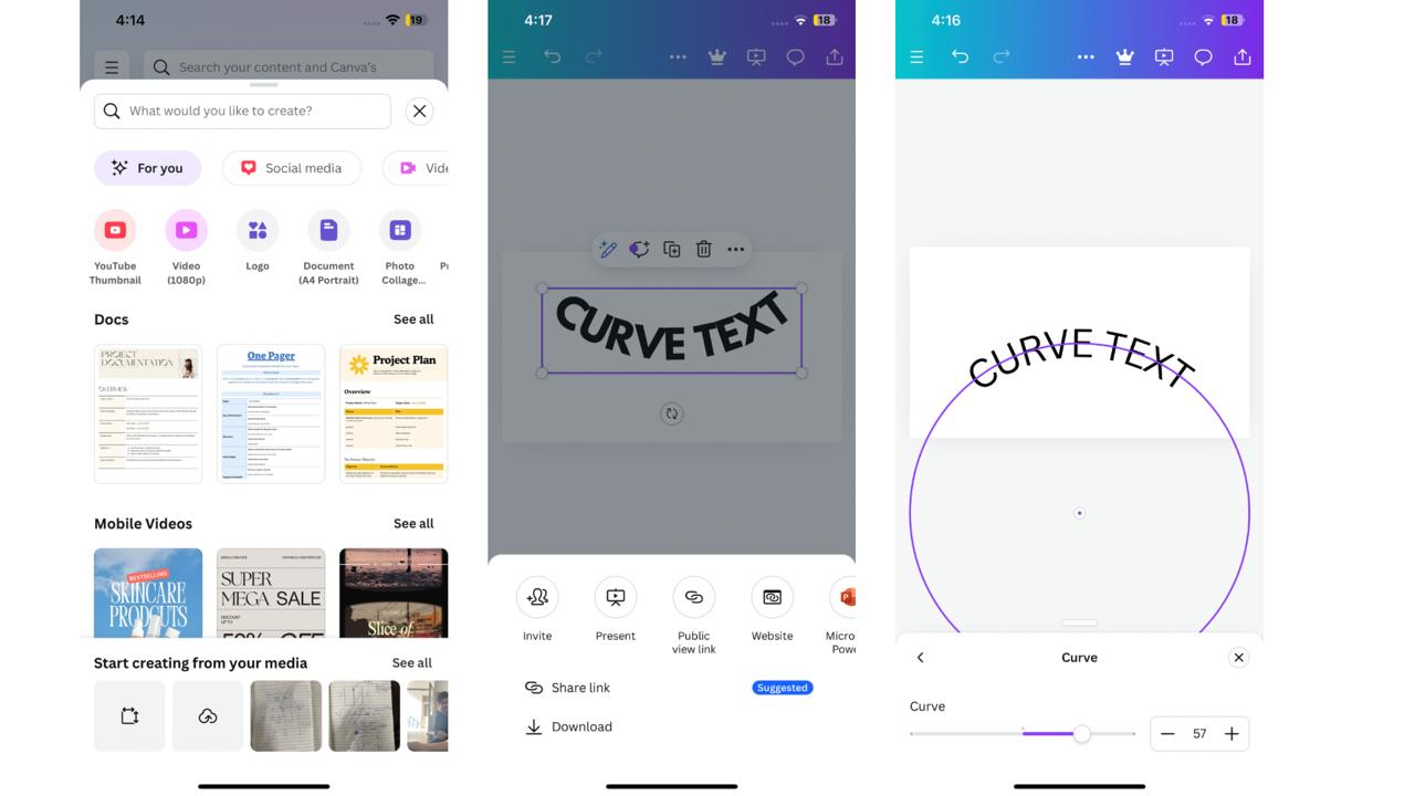 Displaying how to curve text on Canva mobile app