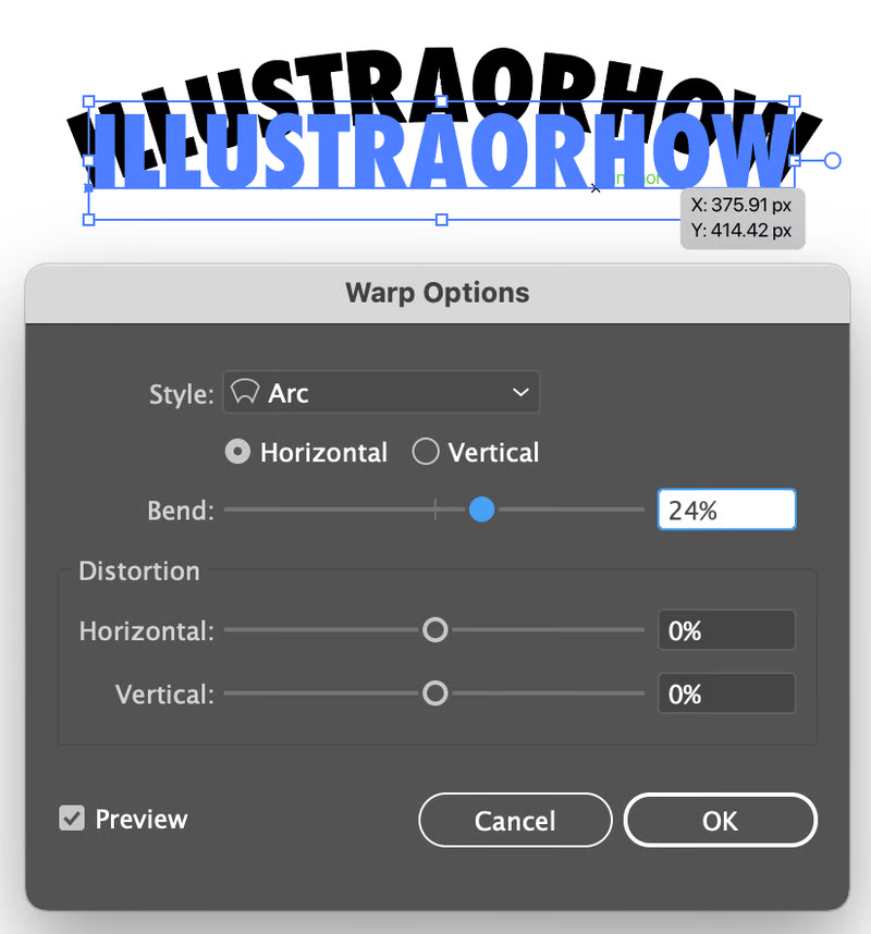 Showing how to curve a text in Illustrator using the warp tool