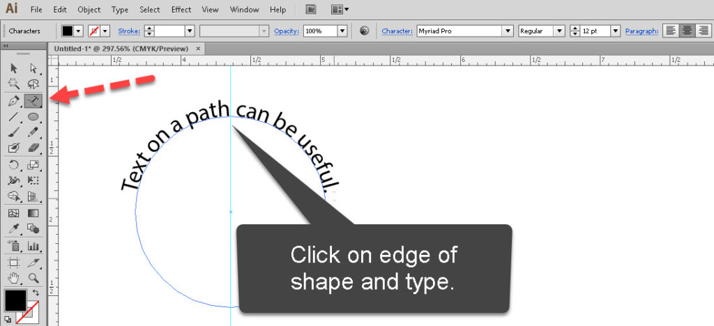 Displaying how to curve text in Adobe Illustrator by typing on the path