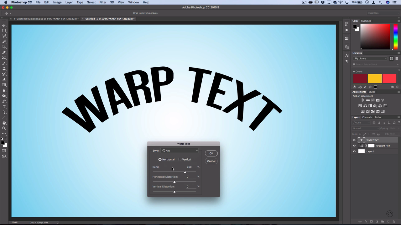 Showing how to curve font in Photoshop with the warp tool