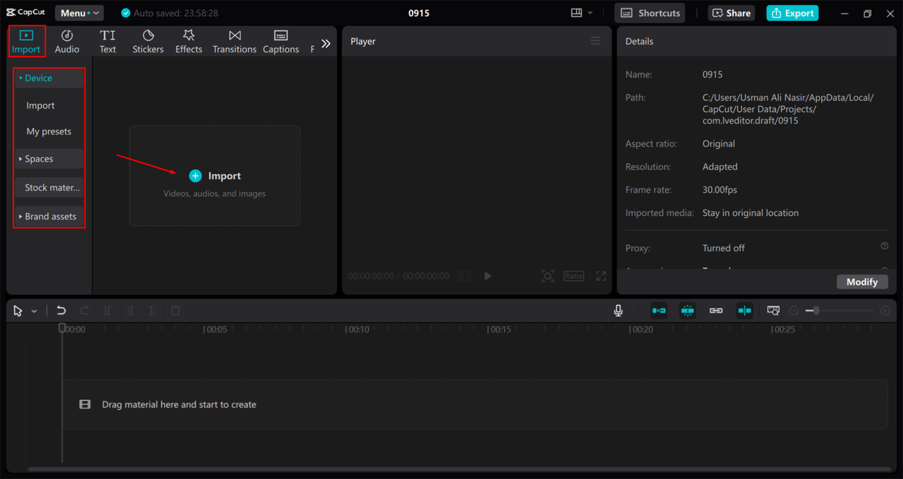 Importing the media for editing in the CapCut desktop video editor