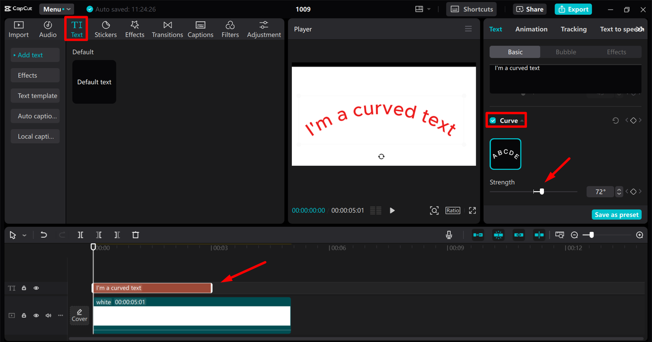 Curving and adjusting the text in the CapCut desktop video editor