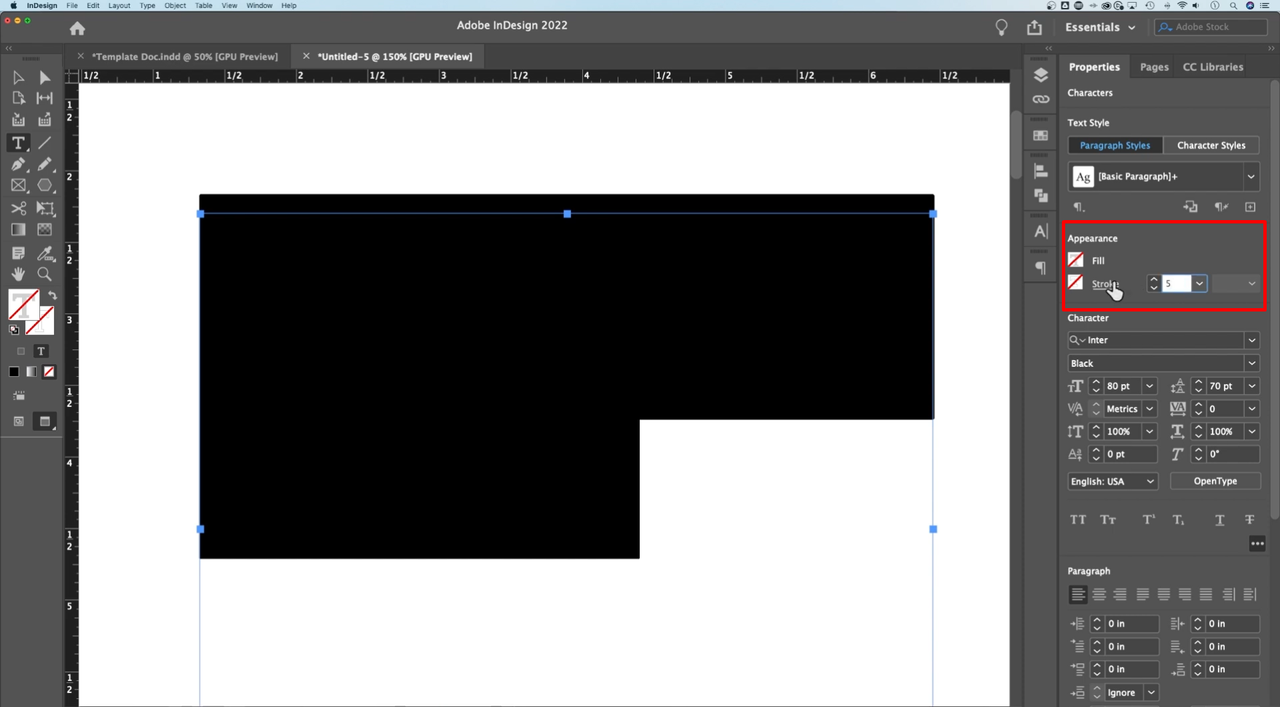 Interface showing how to apply a stroke to text in InDesign