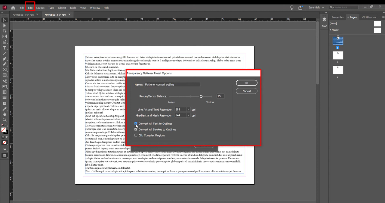 Interface showing how InDesign converts fonts to outlines