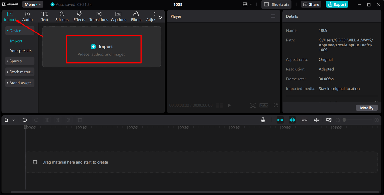 Importing video from the CapCut desktop video editor