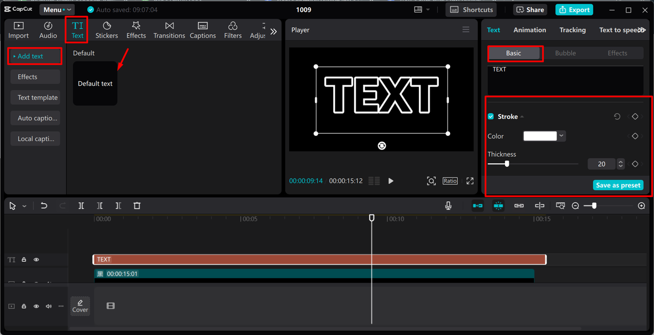 Adding text stroke to outline the text in the CapCut desktop video editor