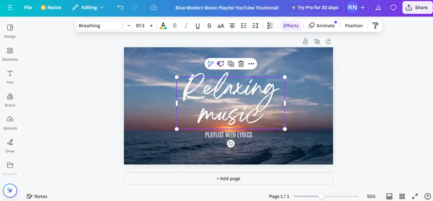 Selecting the text for outlining in the Canva