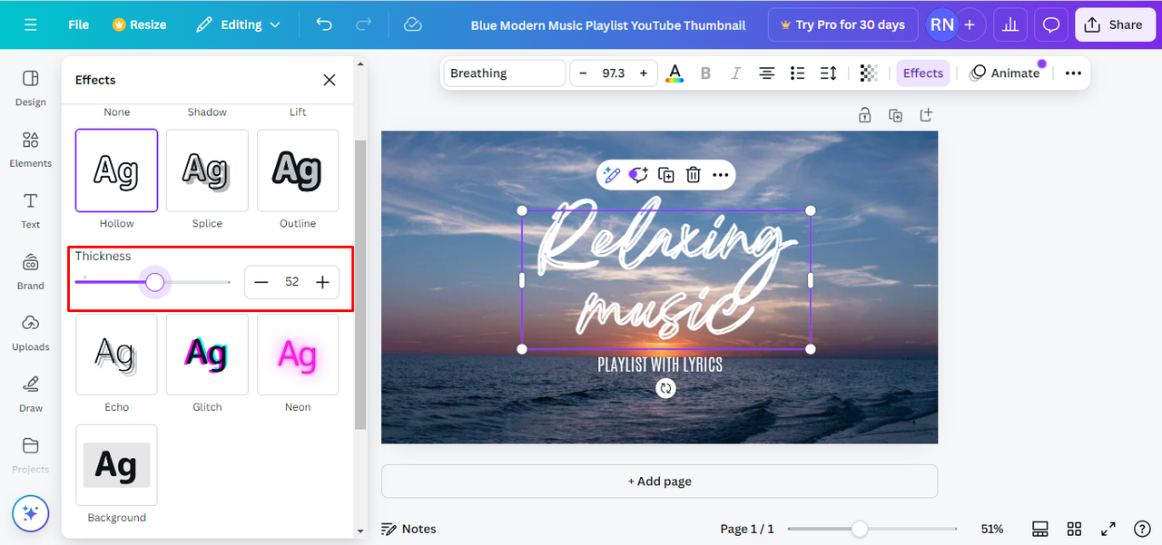 Adjusting the thickness of text outlining in Canva