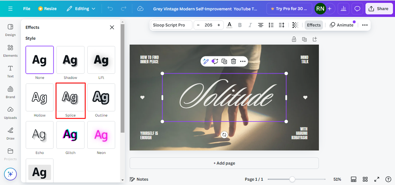 Applying the Splice effect to outline text in Canva