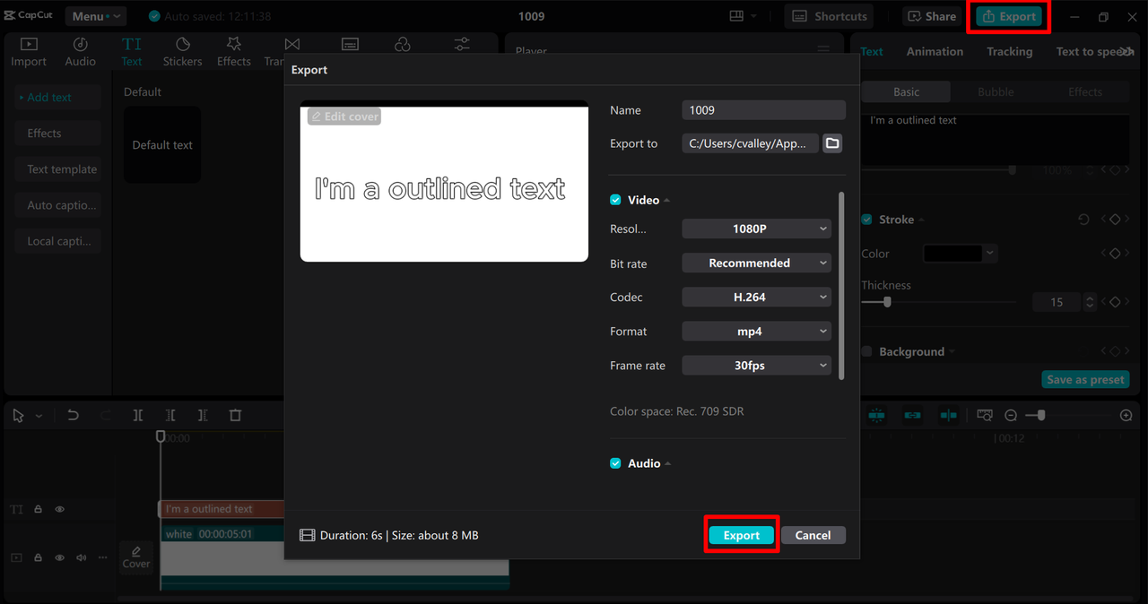 Exporting video after creating text outline in the CapCut desktop video editor