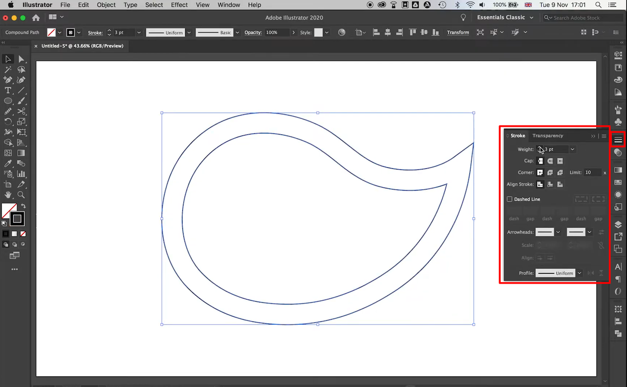 Adjusting the stroke properties of the outline in illustrator