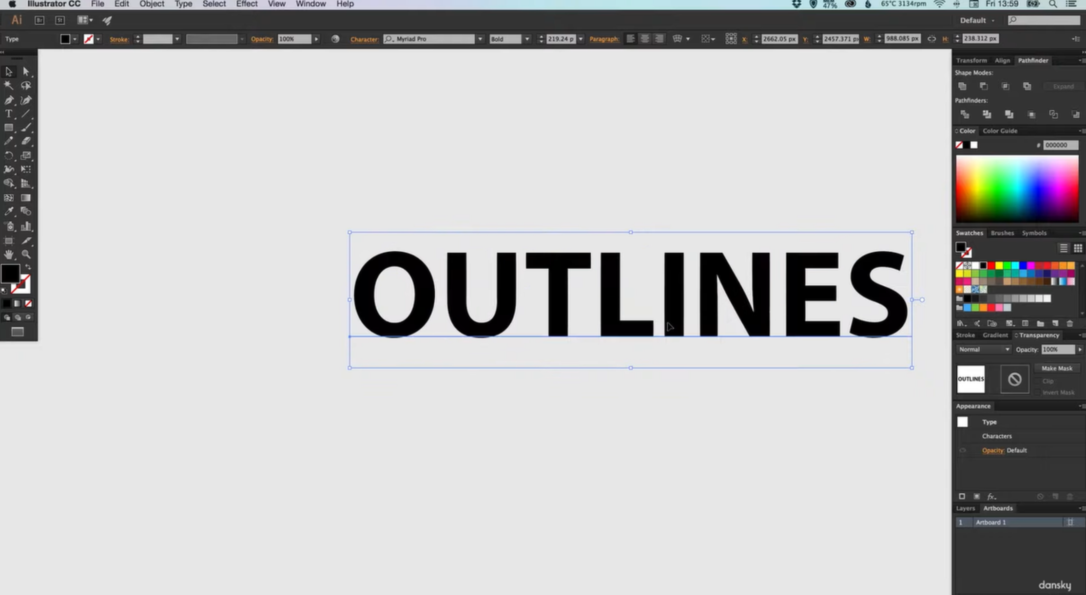 Selecting the text to outline it in Adobe Illustrator