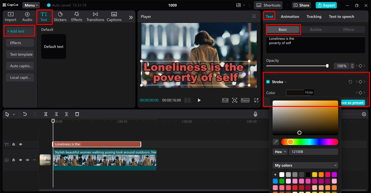 Outlining and customizing text in the CapCut desktop video editor