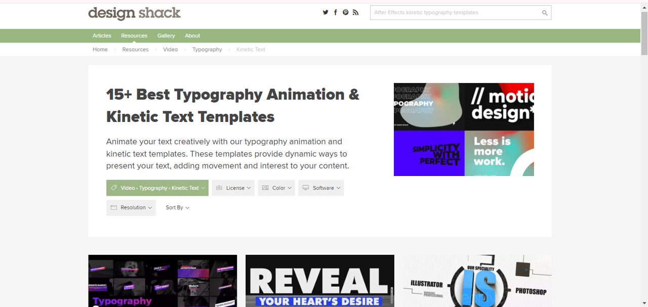 Interface of Design Shack - the best tool to find kinetic typography After Effects templates for free 