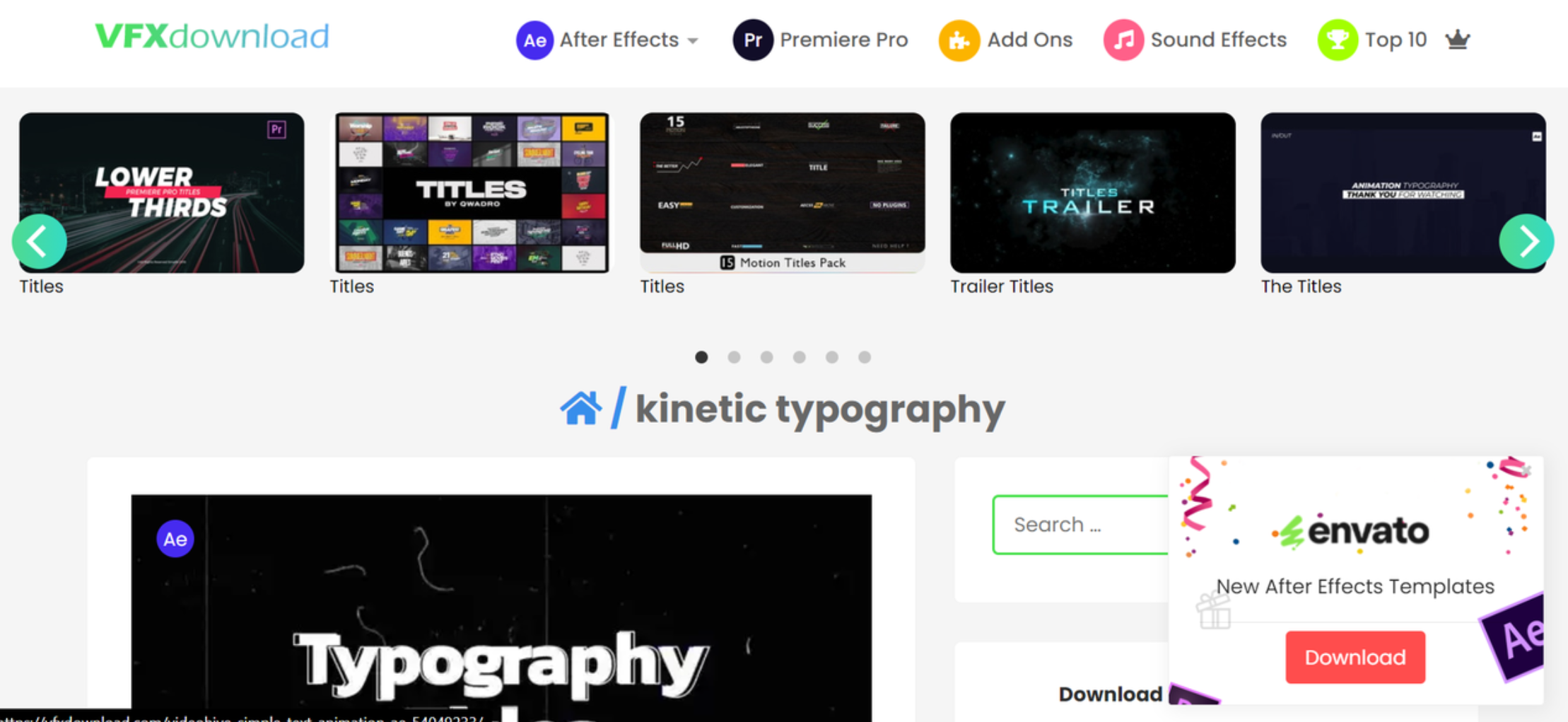 Interface of VFXdownload - a dedicated resource for getting motion array kinetic typography