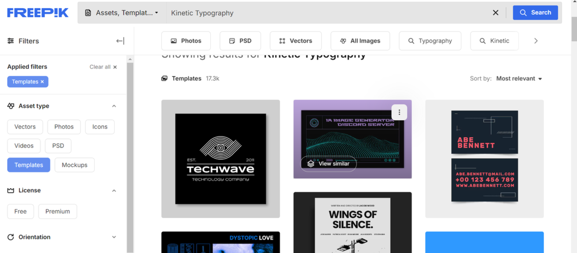 Interface of Freepik - a popular platform for getting high-quality kinetic typography templates