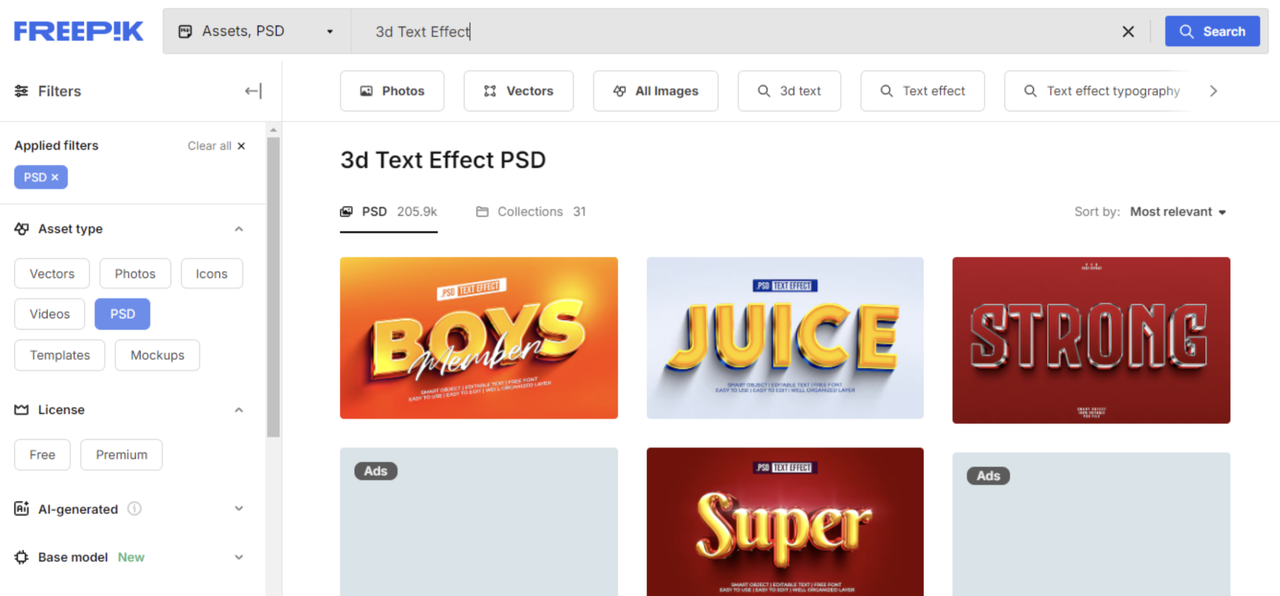 Interface of Freepik - a well-known website to download 3D text effect PSD for free