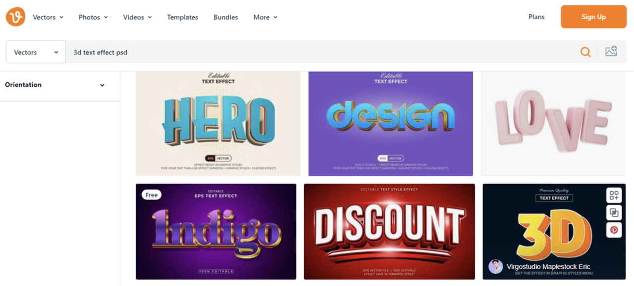 Interface of Vecteezy - one of the best websites to get 3D text effect PSD