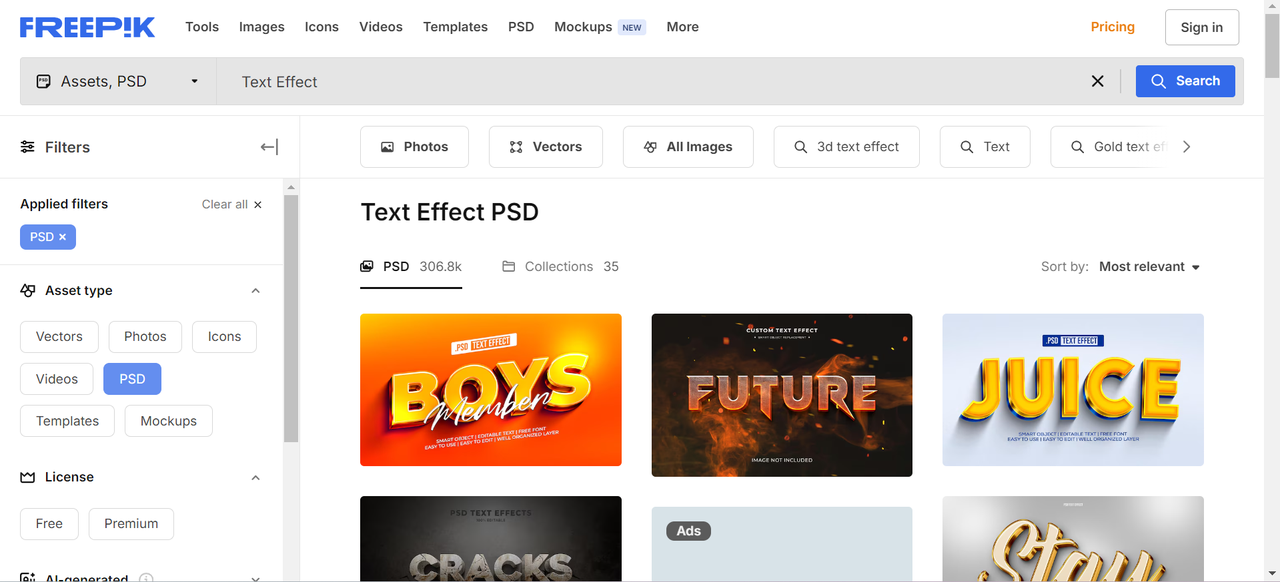 Interface of Freepik - a popular website to download free PSD font effects