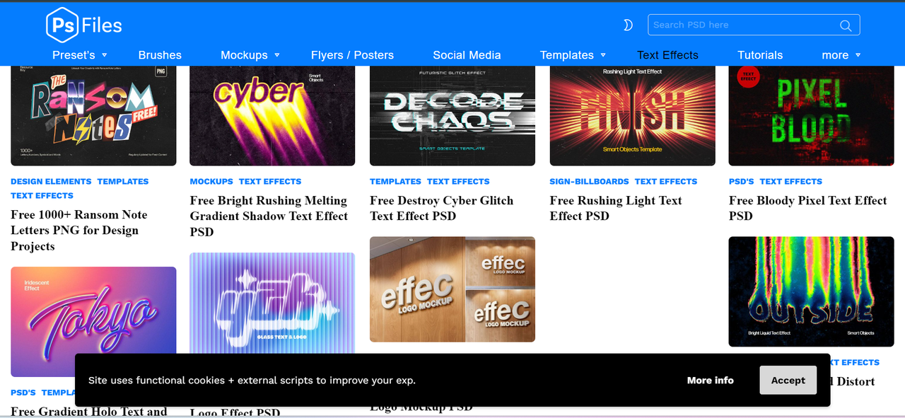 Interface of PsFiles - one of the best websites to get the game text effect PSD file