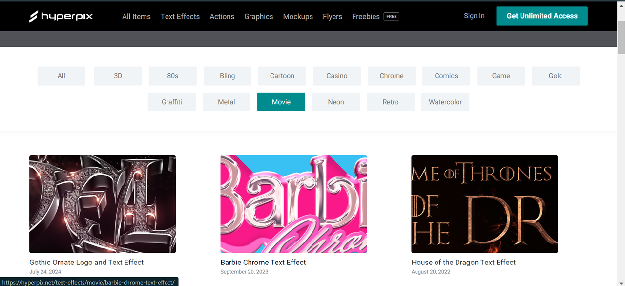 Interface of Hyperpix - a standard website to download free PSD text effects