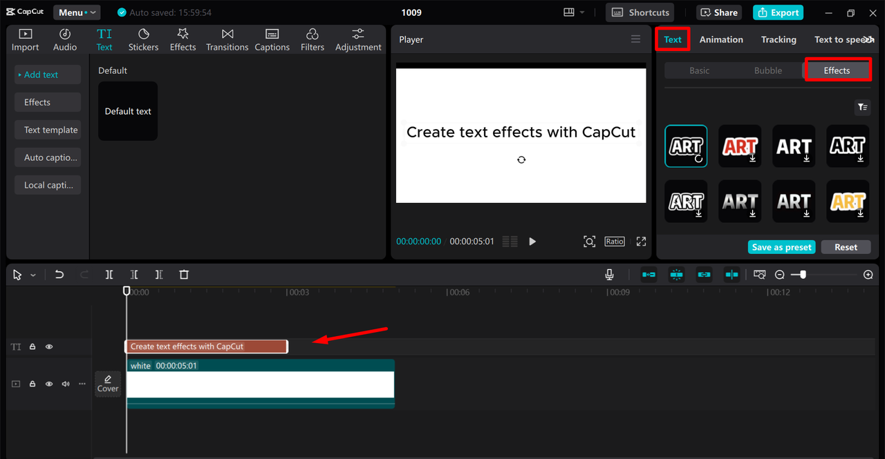 Adding text effects to video in the CapCut desktop video editor