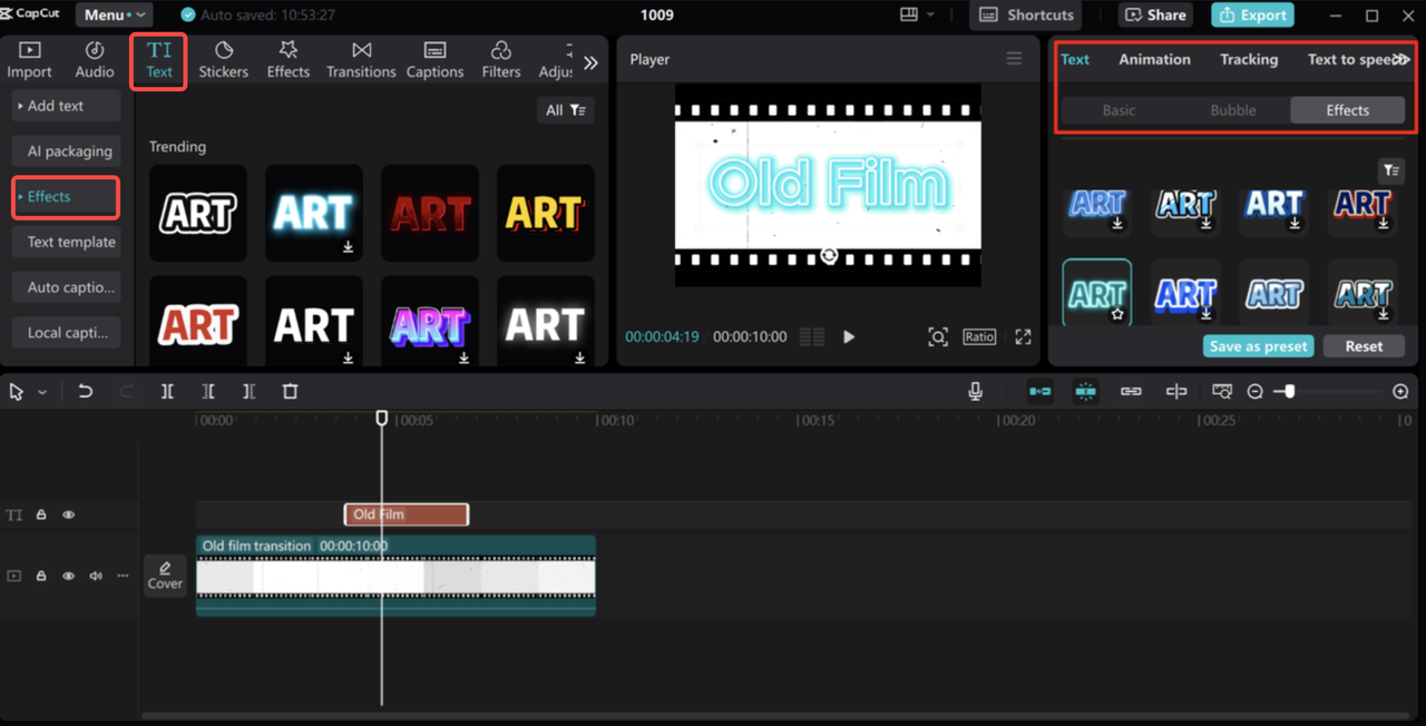 Applying the neon effects to text in the CapCut desktop video editor